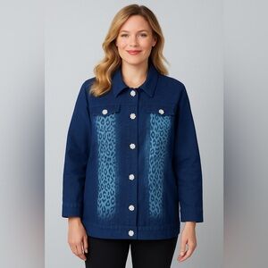 Quacker Factory Denim Jacket 1X Blue Leopard Print Rhinestone Buttons